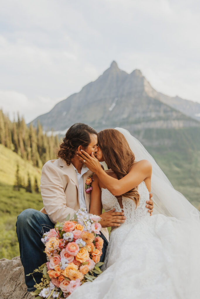 Kissing couple on their wedding day