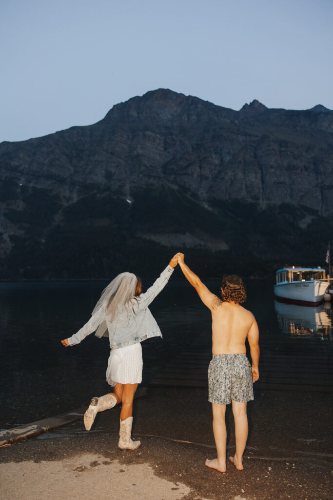 Bride and groom late night swim