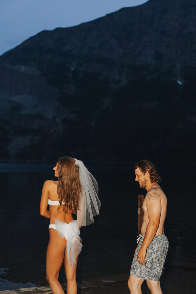 Bride and groom late night swim bow bikini