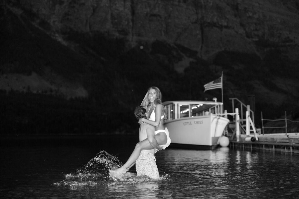 Bride and groom late night dip in glacier